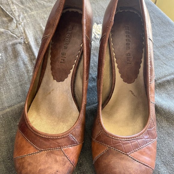 Madden Girl Danceer Pump Heels‎ Faux Leather Brown Patchwork Women’s Size 8.5 - Picture 3 of 9